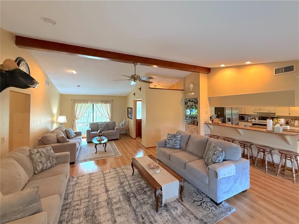 Dining room, Interior, Kitchen, Living room, Recessed Lighting, Wooden Beams, Wood Texture Flooring
