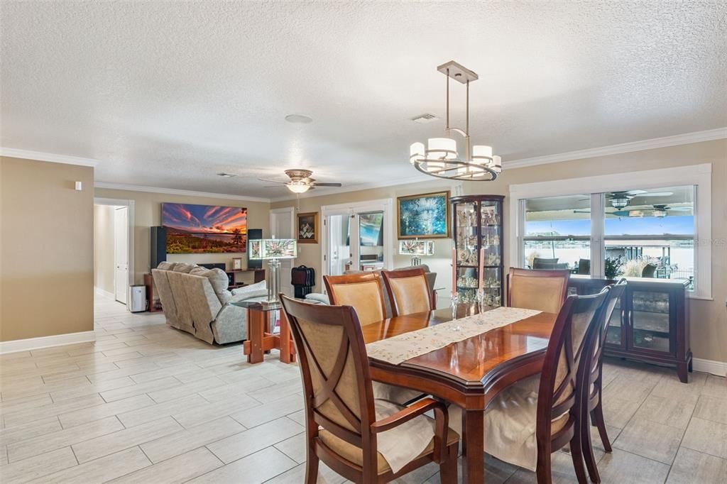 Dining room, Interior, Living room, Pendant Lights, Water, Wood Texture Flooring