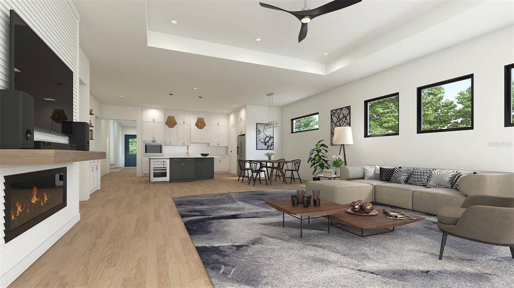 Dining room, Fireplace, Interior, Kitchen, Living room, Pendant Lights, Recessed Lighting, Wood Texture Flooring