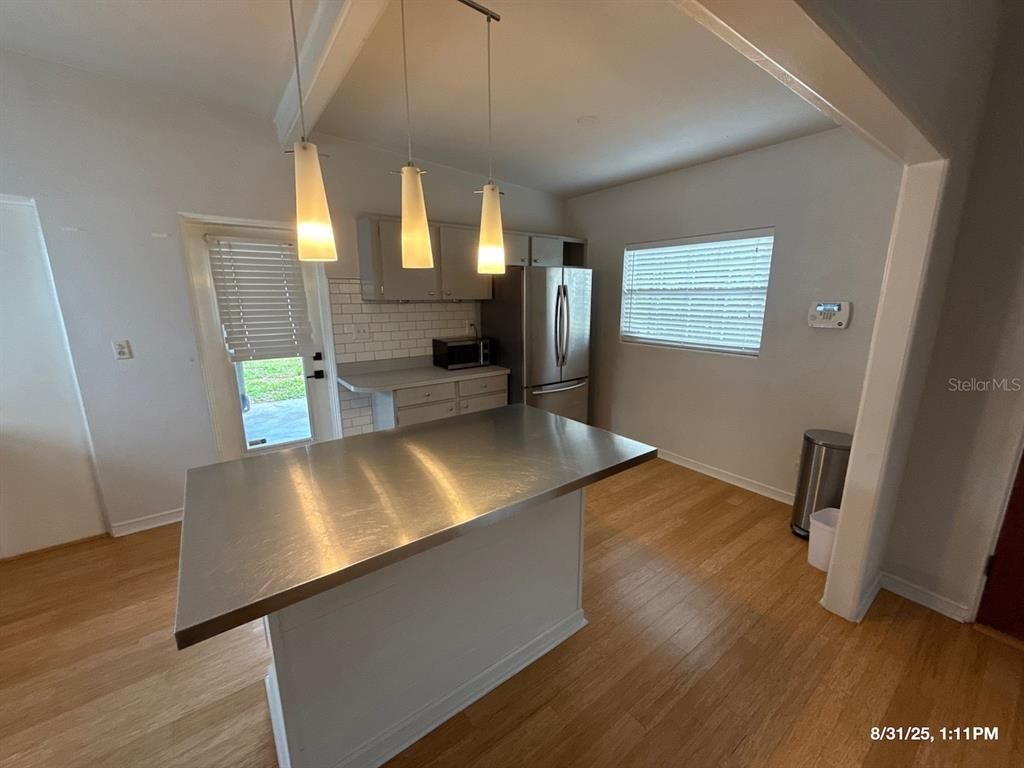 Interior, Kitchen, Pendant Lights, Stainless Steel Appliances, Wood Texture Flooring