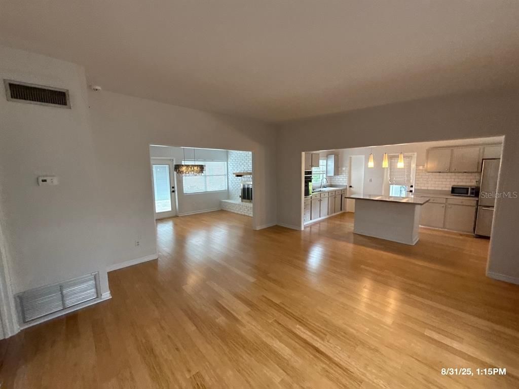 Empty room, Interior, Kitchen, Pendant Lights, Wood Texture Flooring