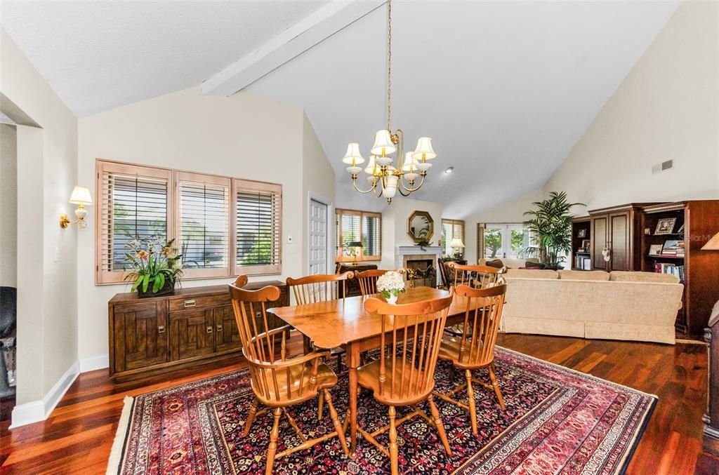 Chandelier, Dining room, Fireplace, Interior, Living room, Wood Texture Flooring