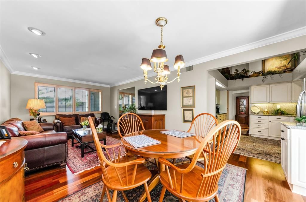 Chandelier, Dining room, Interior, Kitchen, Living room, Recessed Lighting, Wood Texture Flooring