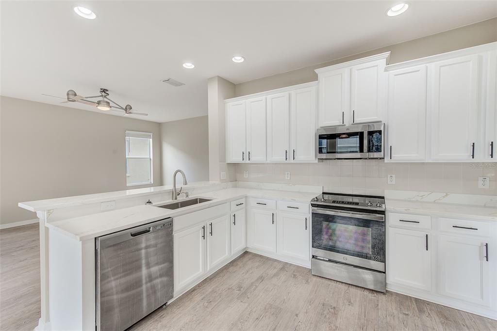 Interior, Kitchen, Recessed Lighting, Stainless Steel Appliances, Wood Texture Flooring