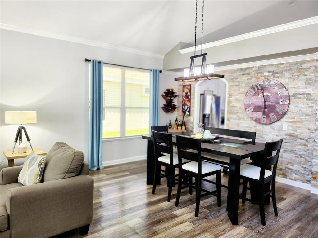 Dining room, Interior, Pendant Lights, Stone Walls, Wood Texture Flooring