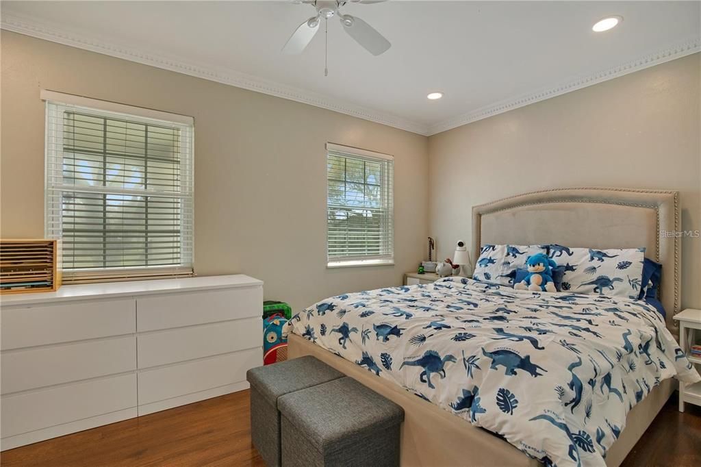 Bedroom, Interior, Recessed Lighting, Wood Texture Flooring