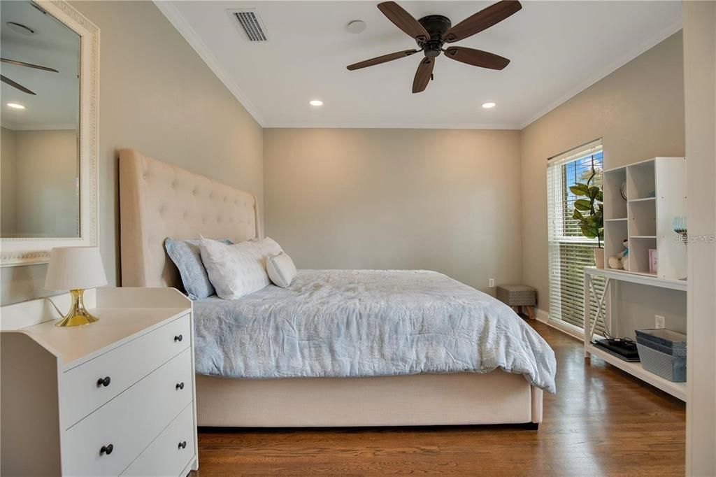 Bedroom, Interior, Recessed Lighting, Wood Texture Flooring