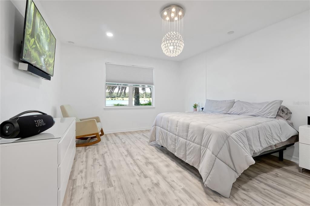 Bedroom, Interior, Pendant Lights, Recessed Lighting, Wood Texture Flooring