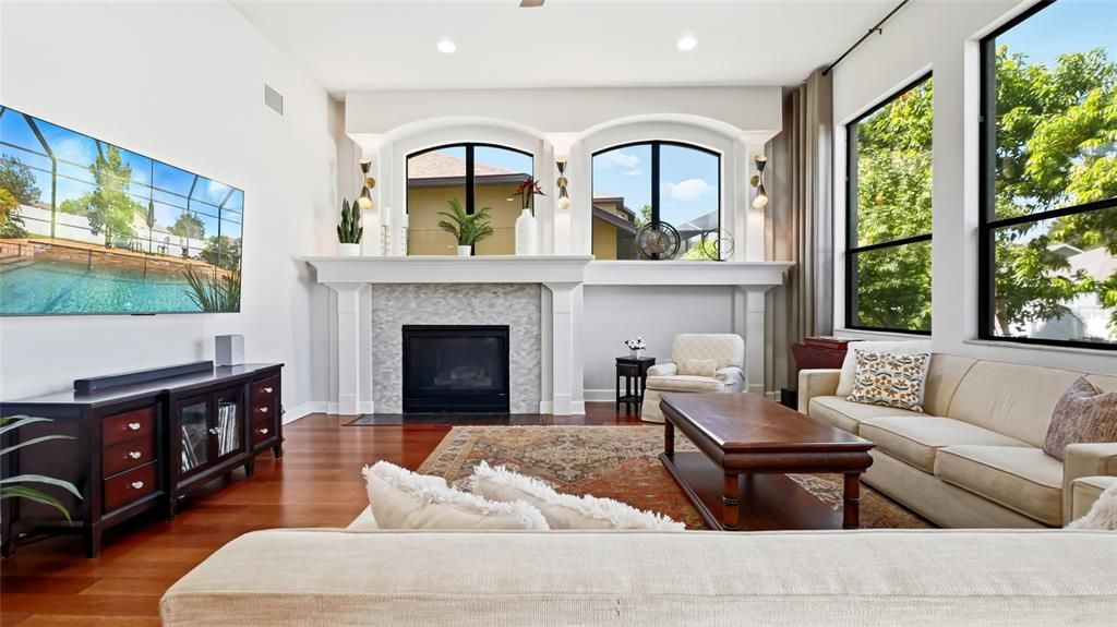Fireplace, Interior, Living room, Recessed Lighting, Wood Texture Flooring