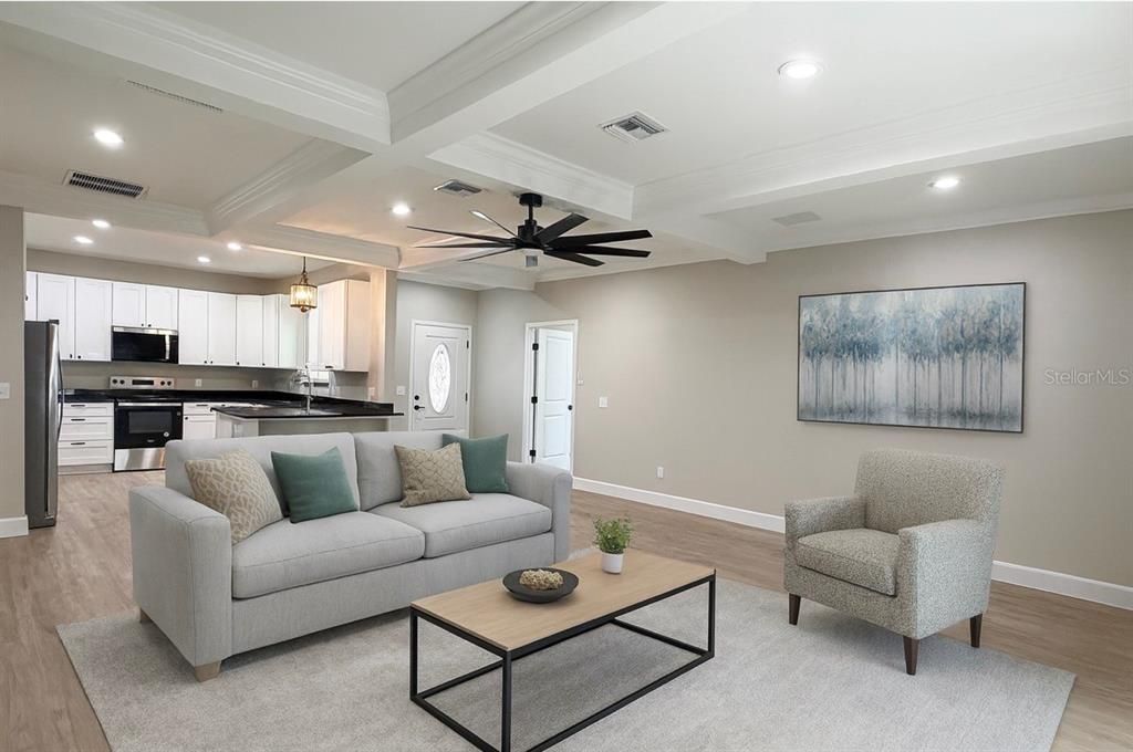 Interior, Kitchen, Living room, Pendant Lights, Recessed Lighting, Stainless Steel Appliances, Wood Texture Flooring