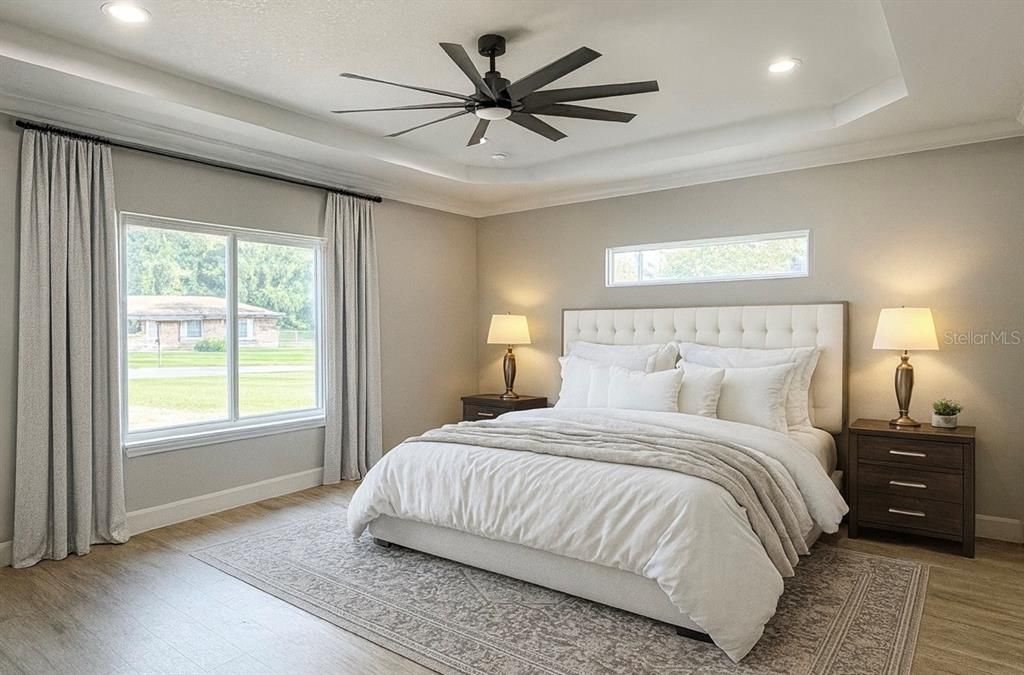 Bedroom, Interior, Recessed Lighting, Wood Texture Flooring
