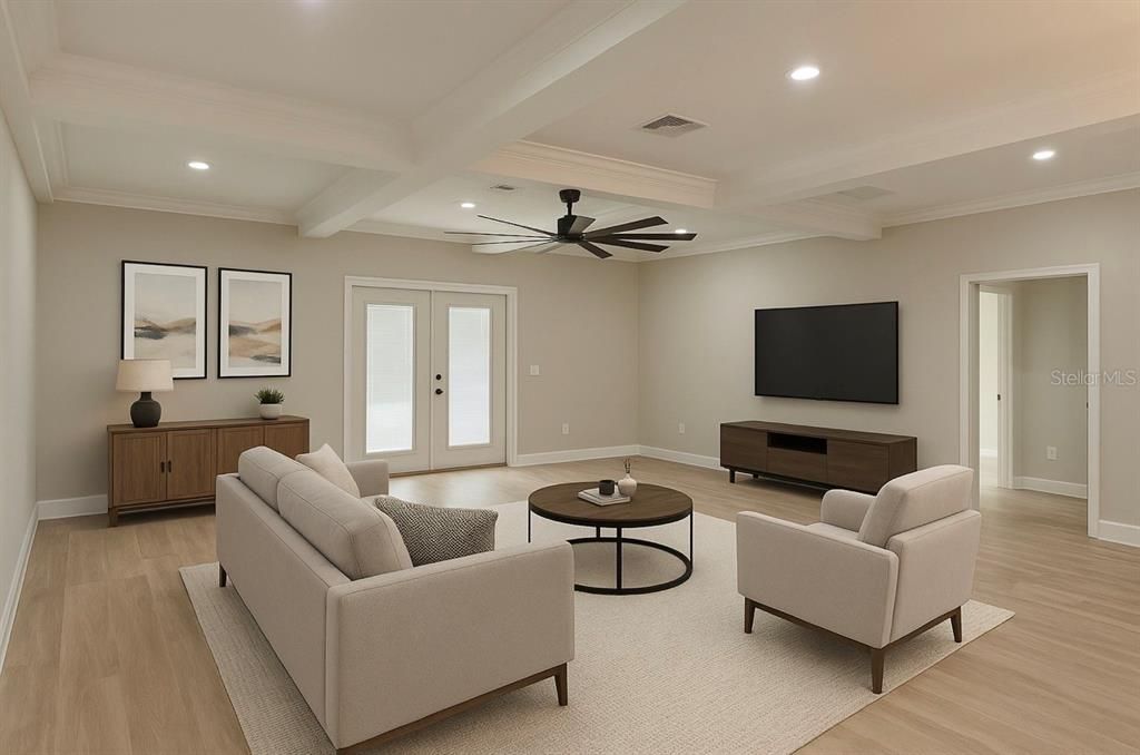 Interior, Living room, Recessed Lighting, Wood Texture Flooring