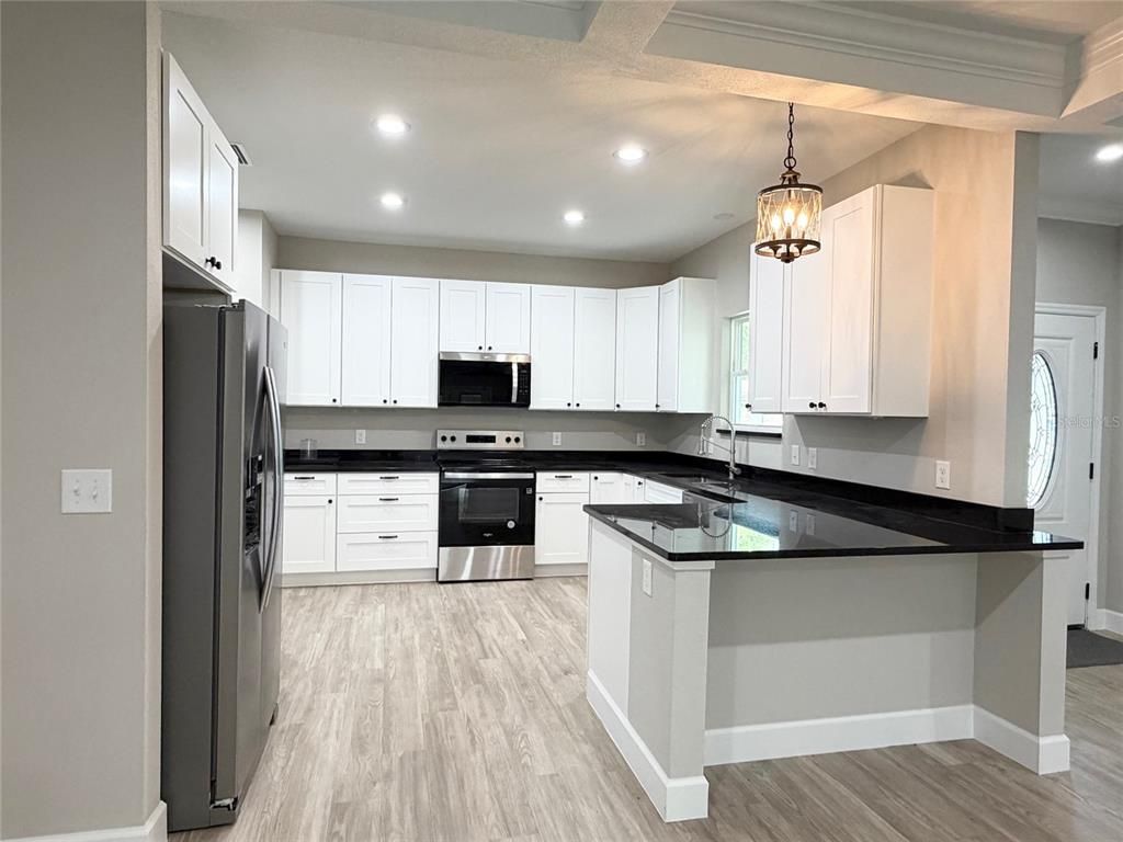 Interior, Kitchen, Pendant Lights, Recessed Lighting, Stainless Steel Appliances, Wood Texture Flooring