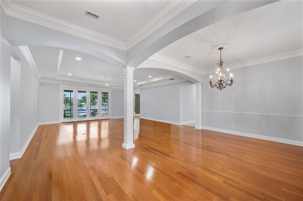 Chandelier, Empty room, Interior, Recessed Lighting, Wood Texture Flooring
