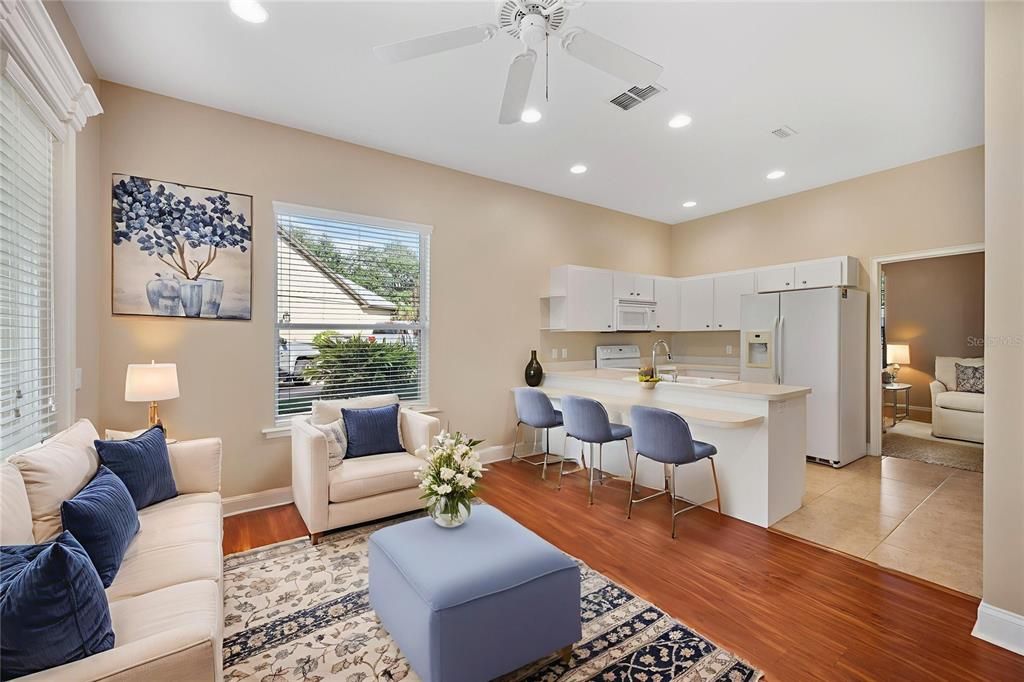 Dining room, Interior, Kitchen, Living room, Recessed Lighting, Wood Texture Flooring