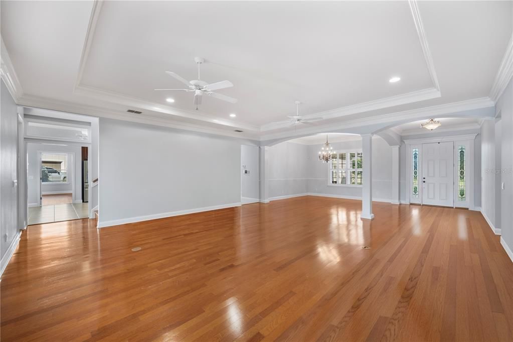 Chandelier, Empty room, Interior, Recessed Lighting, Wood Texture Flooring