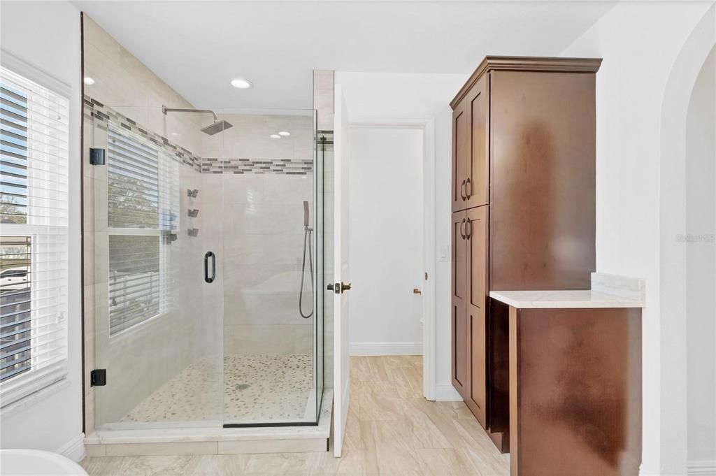 Bathroom, Glass Shower, Interior, Recessed Lighting, Wood Texture Flooring