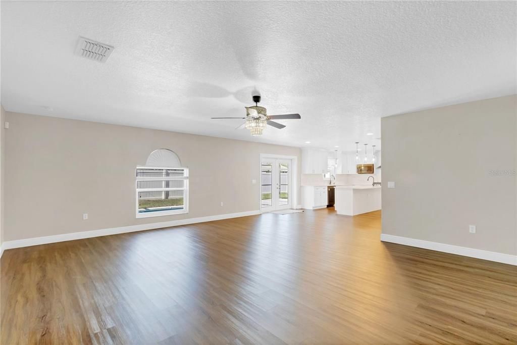 Empty room, Interior, Kitchen, Pendant Lights, Recessed Lighting, Wood Texture Flooring