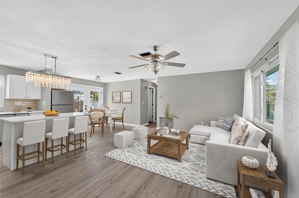 Chandelier, Dining room, Interior, Kitchen, Living room, Pendant Lights, Wood Texture Flooring