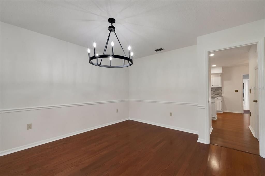 Chandelier, Empty room, Interior, Kitchen, Pendant Lights, Recessed Lighting, Wood Texture Flooring
