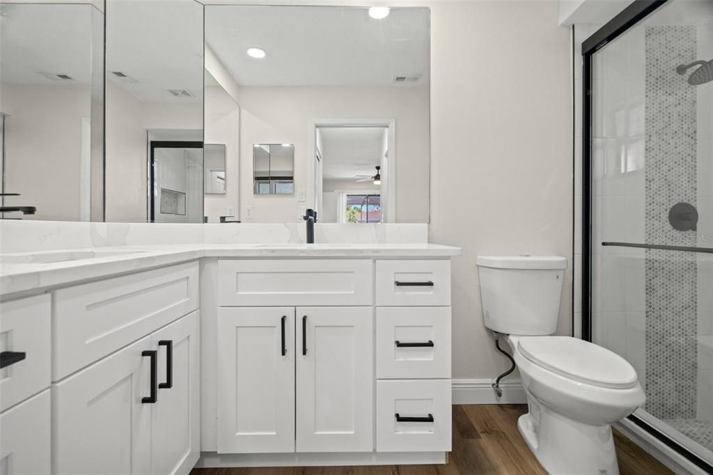 Bathroom, Glass Shower, Interior, Recessed Lighting, Wood Texture Flooring