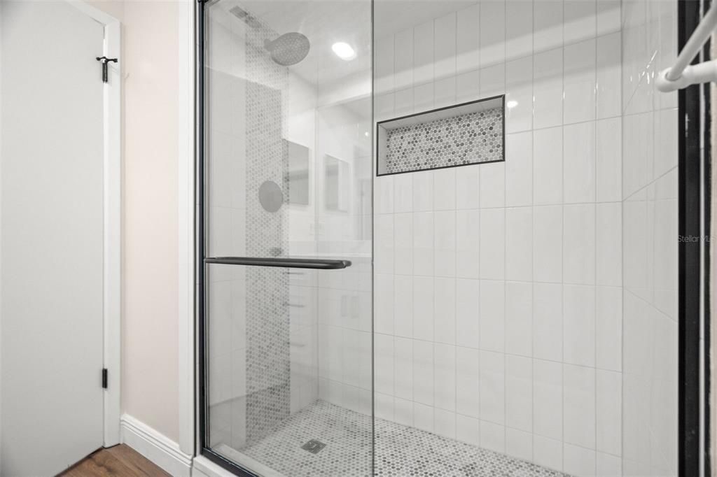 Bathroom, Glass Shower, Interior, Recessed Lighting, Wood Texture Flooring