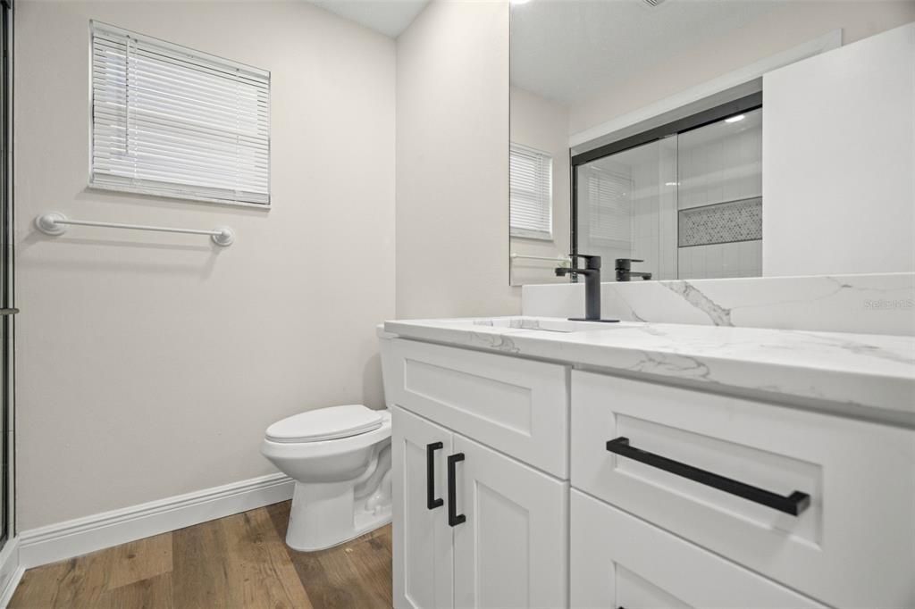 Bathroom, Glass Shower, Interior, Wood Texture Flooring