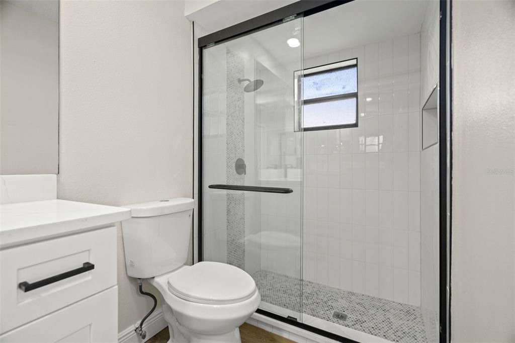 Bathroom, Glass Shower, Interior, Wood Texture Flooring