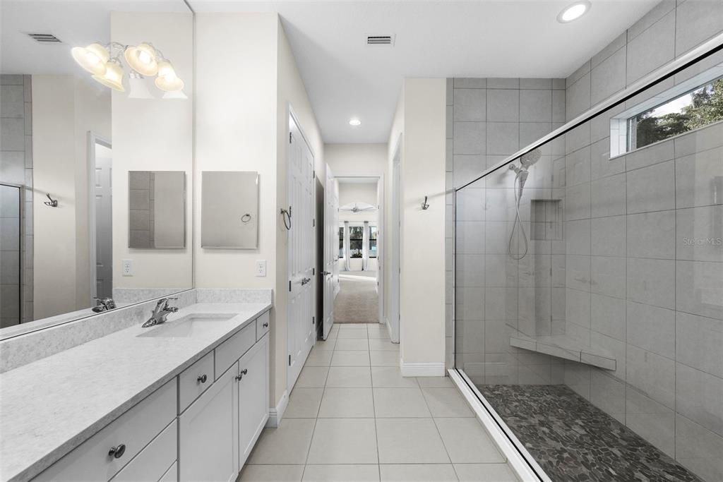 Bathroom, Dual Sink Vanities, Glass Shower, Interior, Recessed Lighting