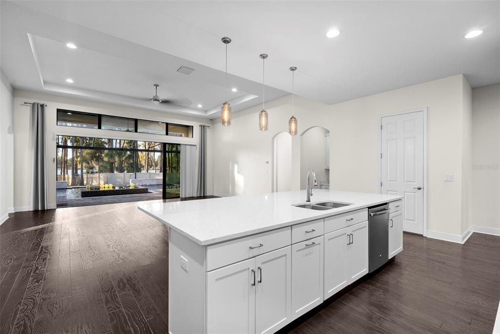 Interior, Kitchen, Pendant Lights, Recessed Lighting, Wood Texture Flooring
