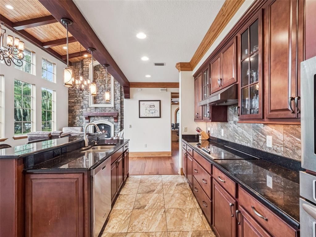 Fireplace, Interior, Kitchen, Pendant Lights, Recessed Lighting, Stone Walls, Wooden Beams, Wooden Ceilings, Wood Texture Flooring