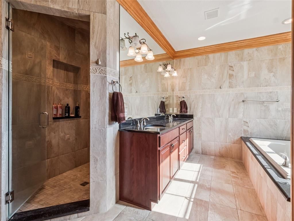Bathroom, Dual Sink Vanities, Glass Shower, Interior, Recessed Lighting
