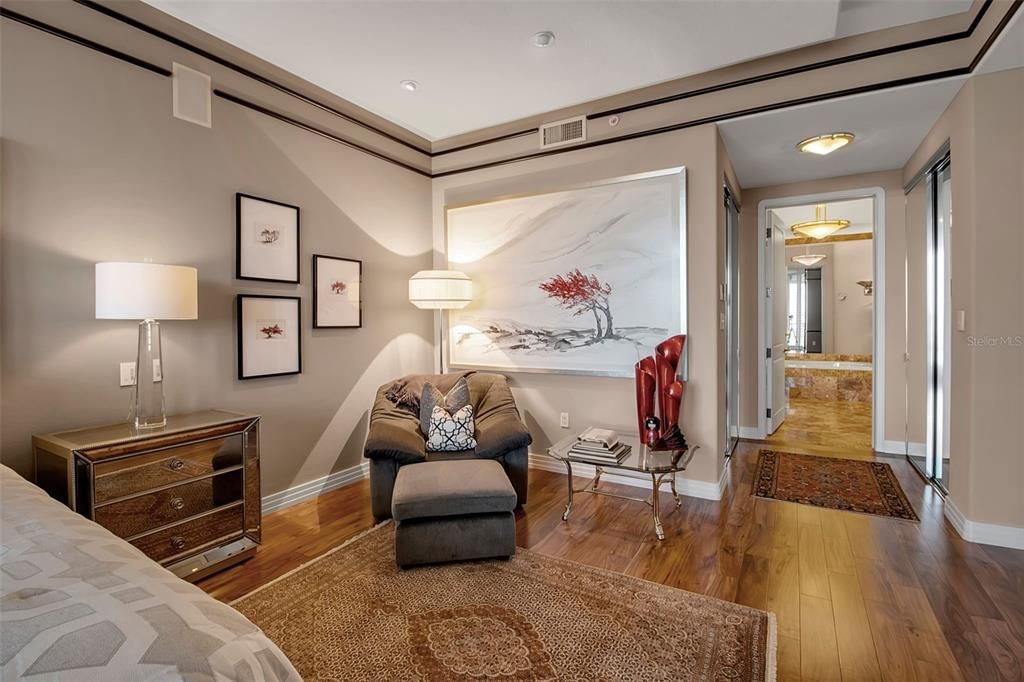 Interior, Marble Walls, Recessed Lighting, Wood Texture Flooring