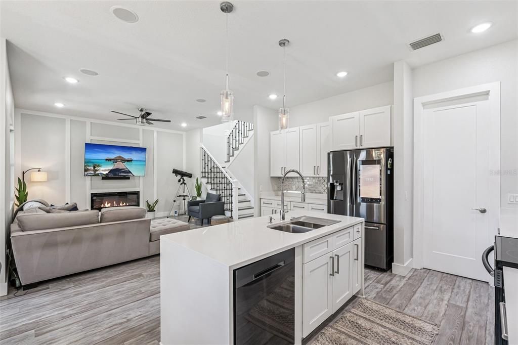 Fireplace, Interior, Kitchen, Living room, Pendant Lights, Recessed Lighting, Wood Texture Flooring