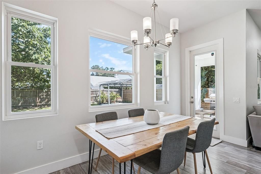 Dining room, Interior, Pendant Lights, Wood Texture Flooring