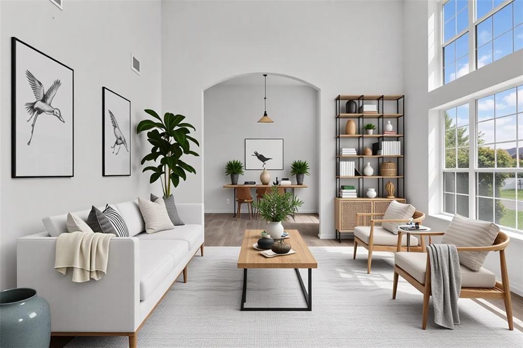 Dining room, Interior, Living room, Pendant Lights, Wood Texture Flooring