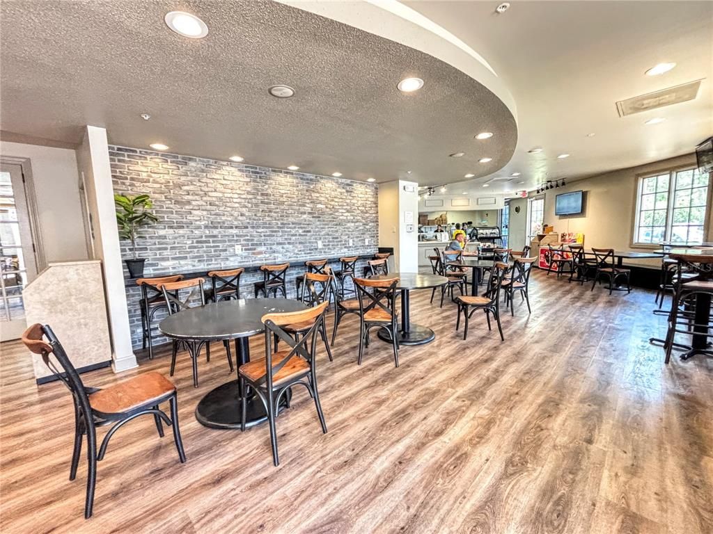 Dining room, Interior, Kitchen, Recessed Lighting, Stone Walls, Wood Texture Flooring