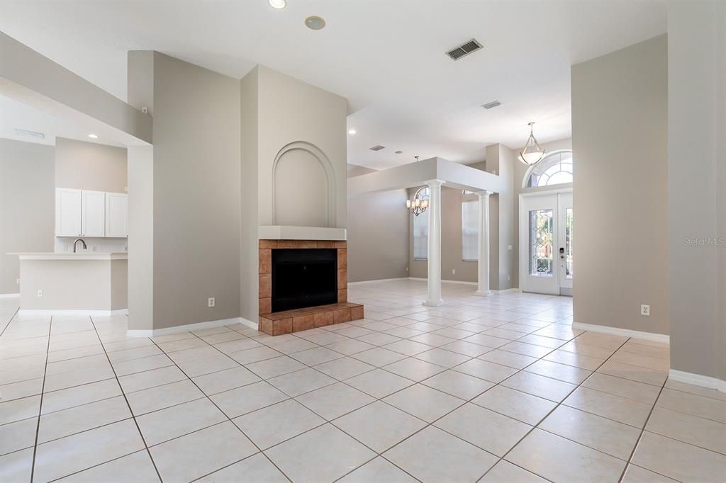 Bathroom, Chandelier, Empty room, Fireplace, Interior, Recessed Lighting