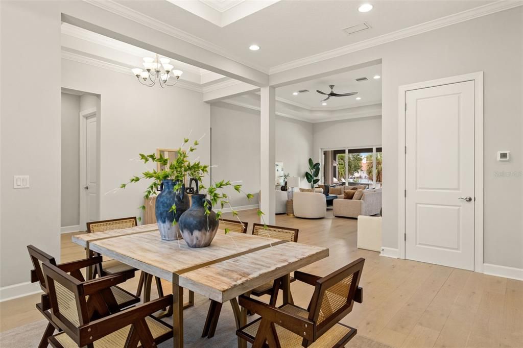 Chandelier, Dining room, Interior, Living room, Recessed Lighting, Wood Texture Flooring