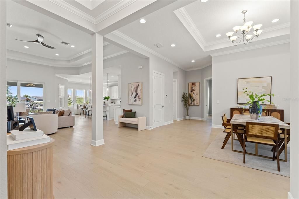 Chandelier, Dining room, Interior, Living room, Recessed Lighting, Wood Texture Flooring