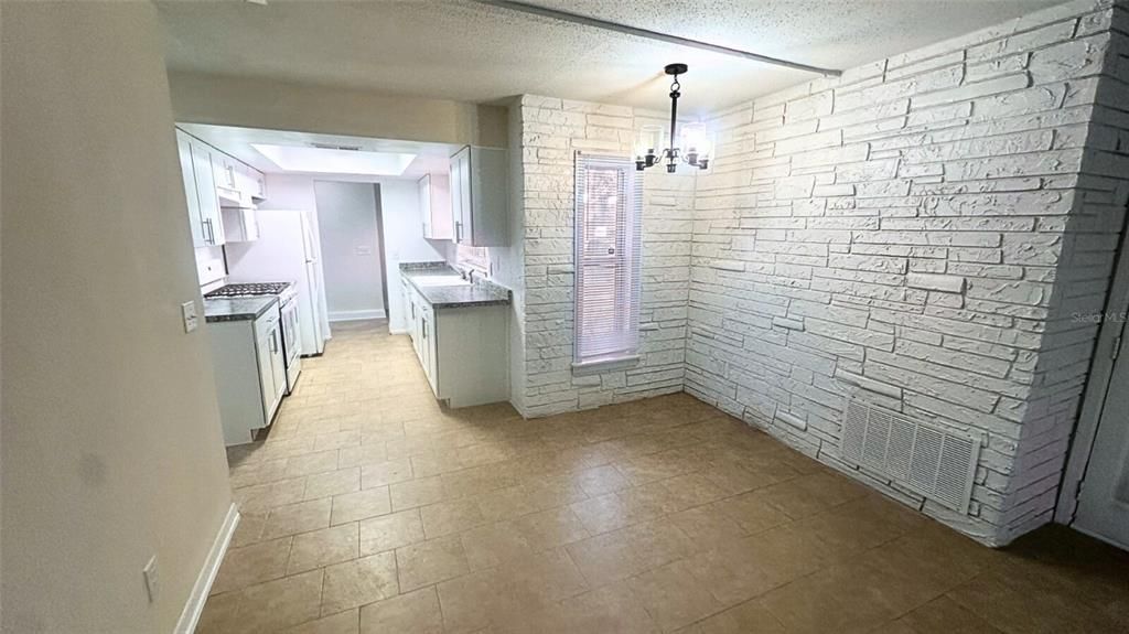 Empty room, Interior, Kitchen, Pendant Lights, Stone Walls