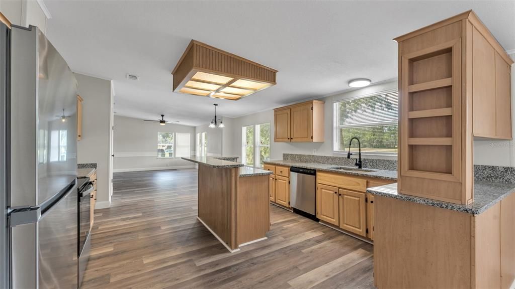 Interior, Kitchen, Pendant Lights, Stainless Steel Appliances, Wood Texture Flooring