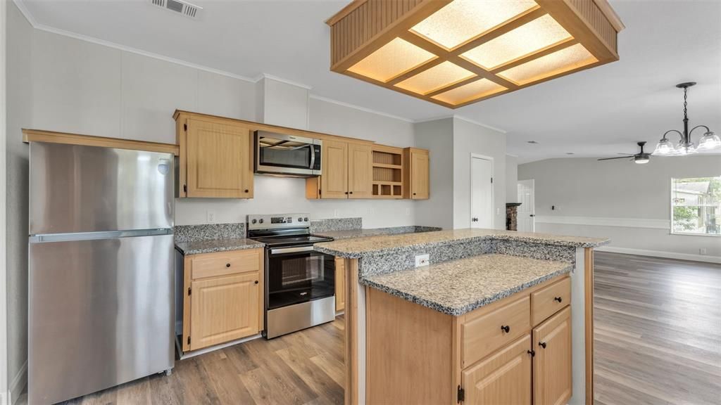 Interior, Kitchen, Pendant Lights, Stainless Steel Appliances, Wood Texture Flooring