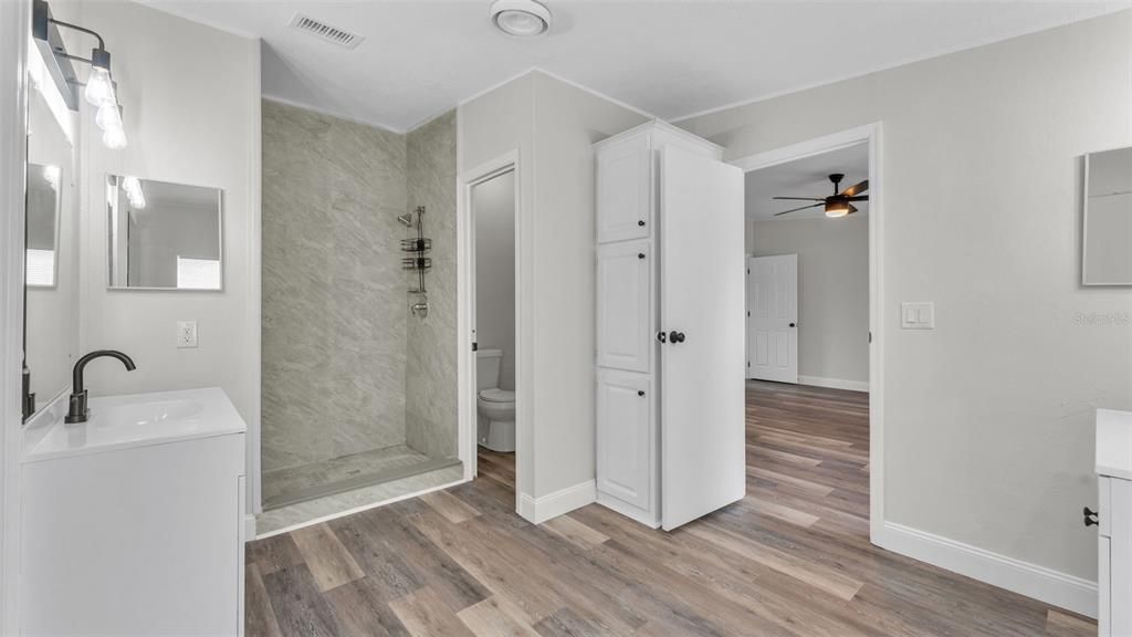 Bathroom, Glass Shower, Interior, Wood Texture Flooring