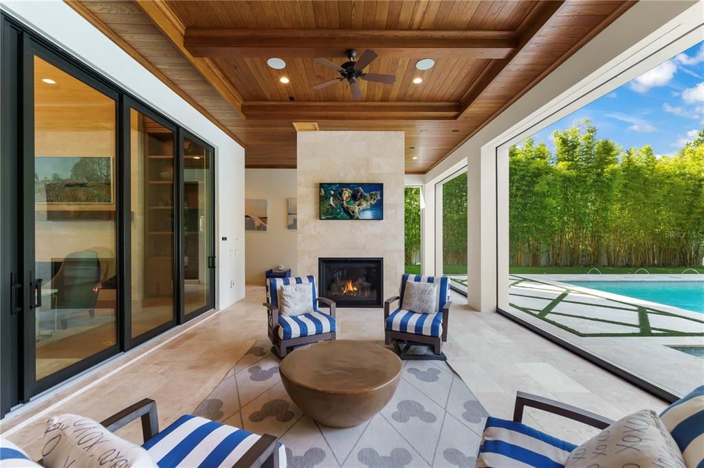 Fireplace, Interior, Living room, Recessed Lighting, Wooden Ceilings