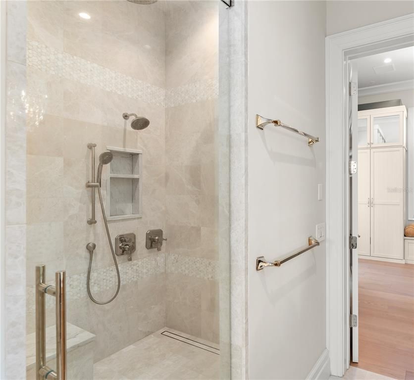 Bathroom, Glass Shower, Interior, Recessed Lighting, Wood Texture Flooring