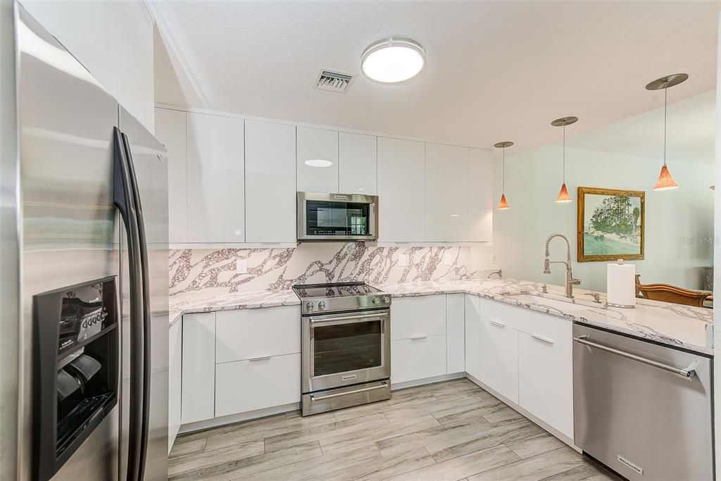 Interior, Kitchen, Pendant Lights, Stainless Steel Appliances, Wood Texture Flooring