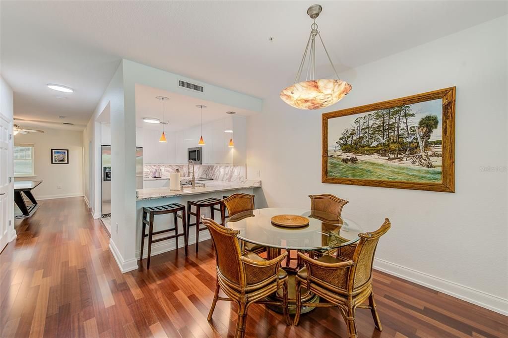Dining room, Interior, Kitchen, Pendant Lights, Recessed Lighting, Wood Texture Flooring