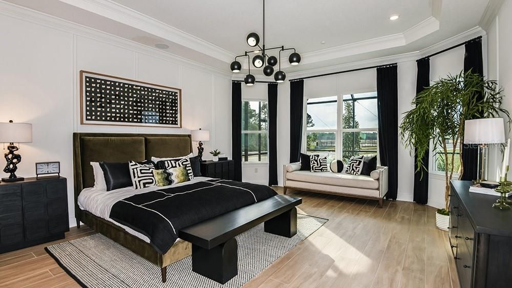 Bedroom, Interior, Pendant Lights, Recessed Lighting, Wood Texture Flooring