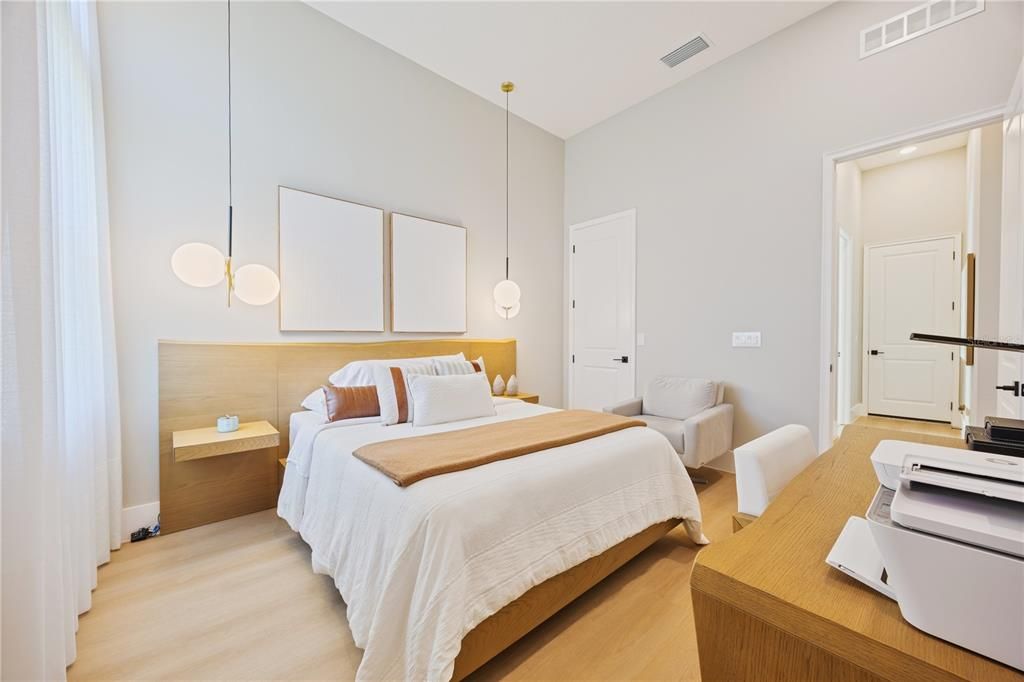 Bedroom, Interior, Pendant Lights, Recessed Lighting, Wood Texture Flooring